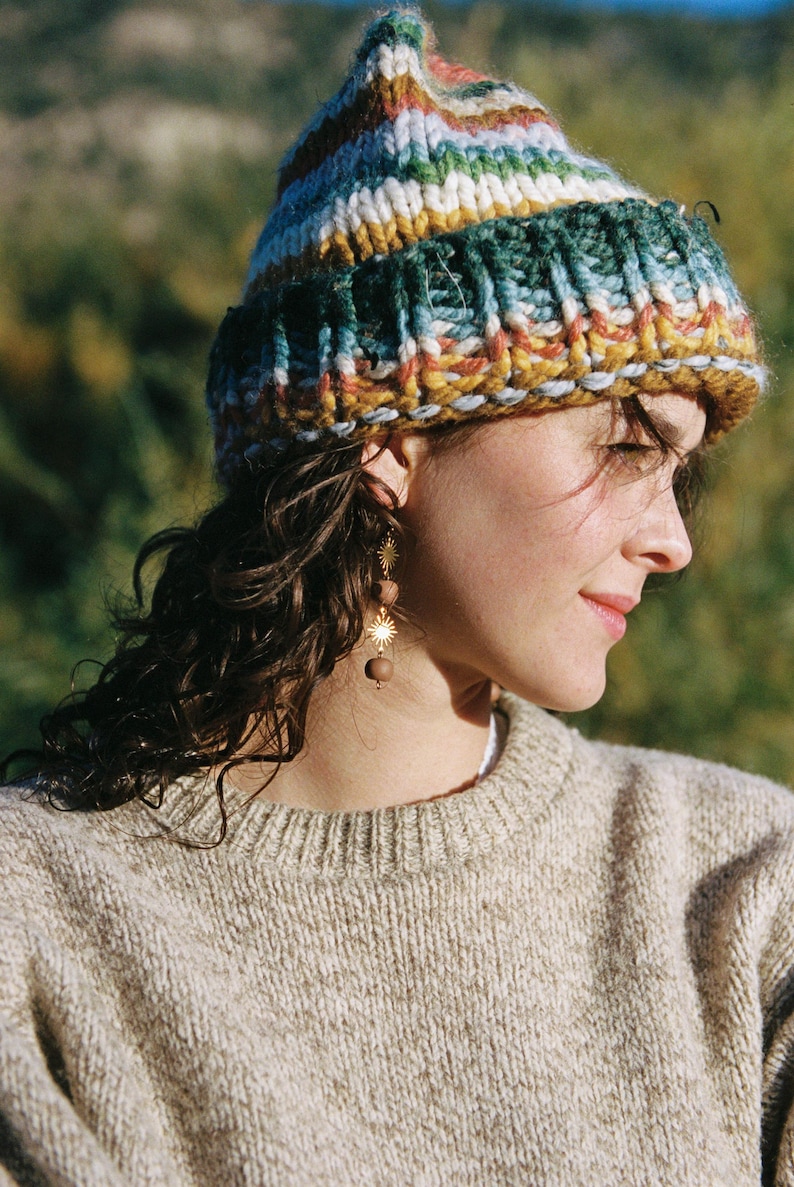 Hand Knit Colorful Scrap Beanie: Chunky Boho Style, Made with Leftover Yarn Scraps image 16