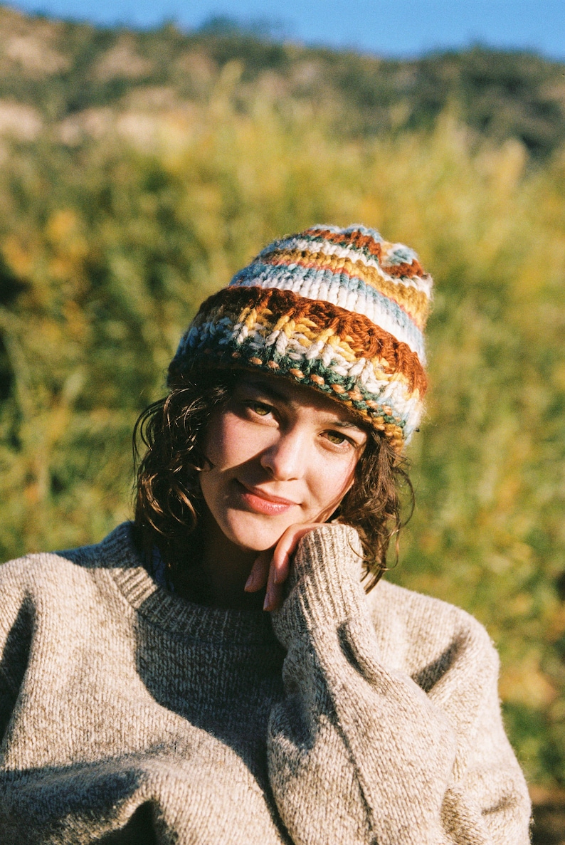 Hand Knit Colorful Scrap Beanie: Chunky Boho Style, Made with Leftover Yarn Scraps image 15