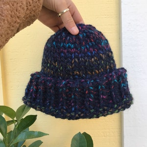 Variegated & Tweed Chunky Hand Knit Beanies Boho, Earthy, Outdoorsy, Surfer Style Beanies Navy Rainbow