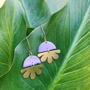 Boho Style Brass Flower Earrings Handmade with Polymer Clay on Hypoallergenic Metal Boho, Earthy, Lightweight, Simple Lavender