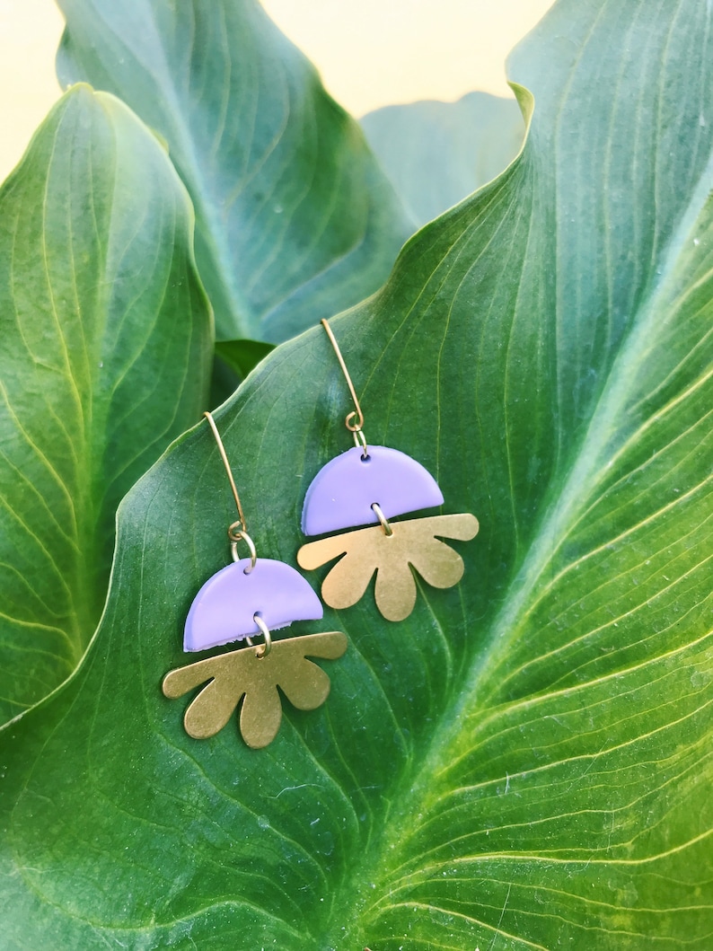 Boho Style Brass Flower Earrings Handmade with Polymer Clay on Hypoallergenic Metal Boho, Earthy, Lightweight, Simple Lavender