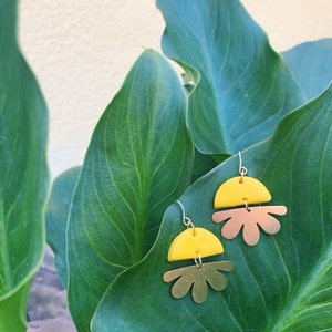Boho Style Brass Flower Earrings Handmade with Polymer Clay on Hypoallergenic Metal Boho, Earthy, Lightweight, Simple Mustard yellow
