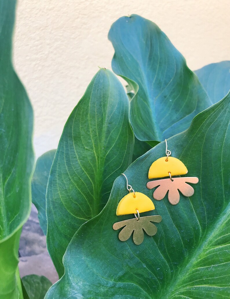 Boho Style Brass Flower Earrings Handmade with Polymer Clay on Hypoallergenic Metal Boho, Earthy, Lightweight, Simple Mustard yellow