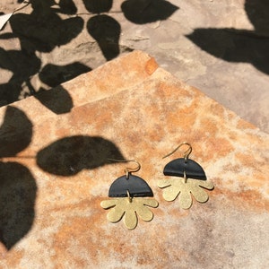 Boho Style Brass Flower Earrings Handmade with Polymer Clay on Hypoallergenic Metal Boho, Earthy, Lightweight, Simple Black
