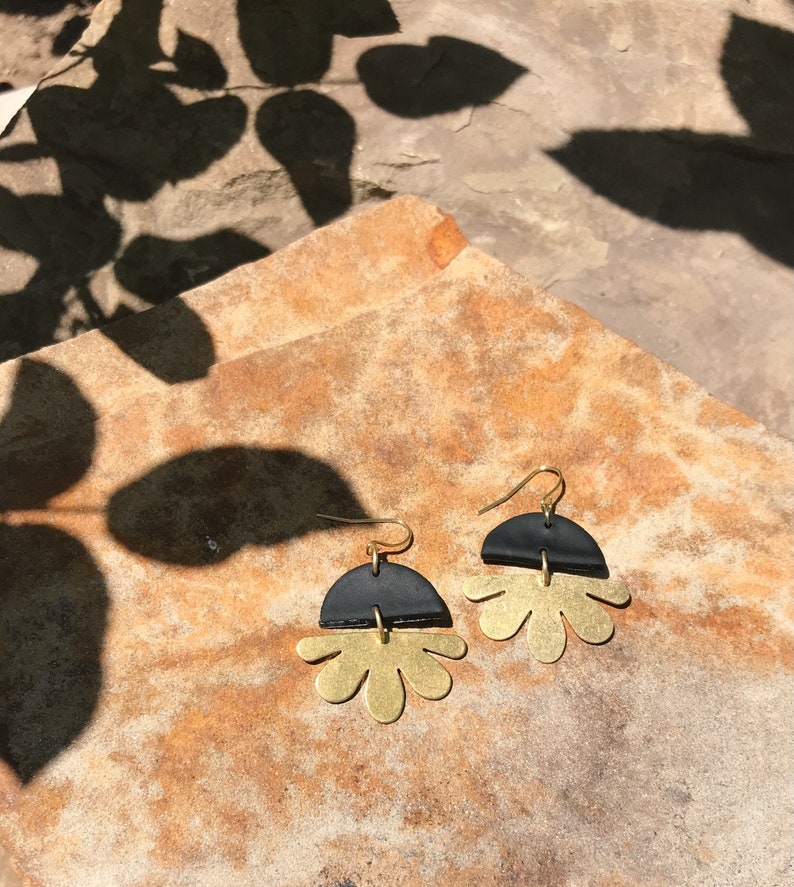 Boho Style Brass Flower Earrings Handmade with Polymer Clay on Hypoallergenic Metal Boho, Earthy, Lightweight, Simple Black