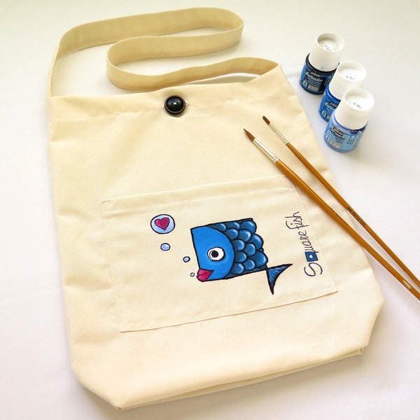 Bolsa tote pintada a mano, tote bag con bolsillo, bolsa de la compra hecha a mano, bolsa reutilizable, regalo sostenible, accesorio mujer