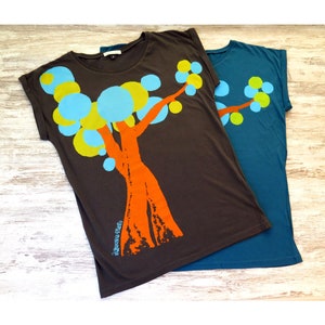 Scoop neck tshirt, tree shirt design, organic cotton top, ethical t shirt, blue tshirt, rolled sleeve, loose fit top, artsy clothing image 6