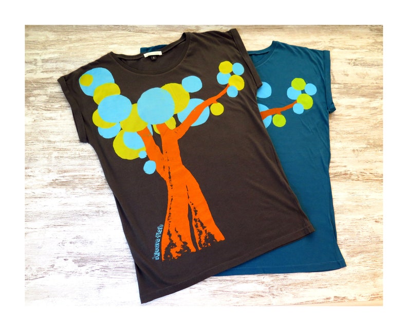 Scoop neck tshirt, tree shirt design, organic cotton top, ethical t shirt, blue tshirt, rolled sleeve, loose fit top, artsy clothing image 6