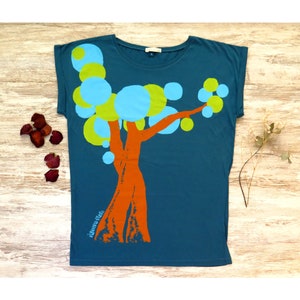Scoop neck tshirt, tree shirt design, organic cotton top, ethical t shirt, blue tshirt, rolled sleeve, loose fit top, artsy clothing image 4