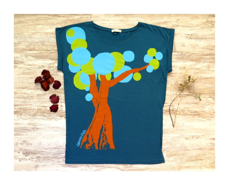 Scoop neck tshirt, tree shirt design, organic cotton top, ethical t shirt, blue tshirt, rolled sleeve, loose fit top, artsy clothing image 4