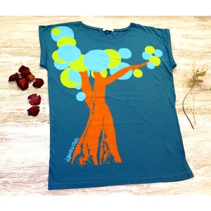 Scoop neck tshirt, tree shirt design, organic cotton top, ethical t shirt, blue tshirt, rolled sleeve, loose fit top, artsy clothing image 2
