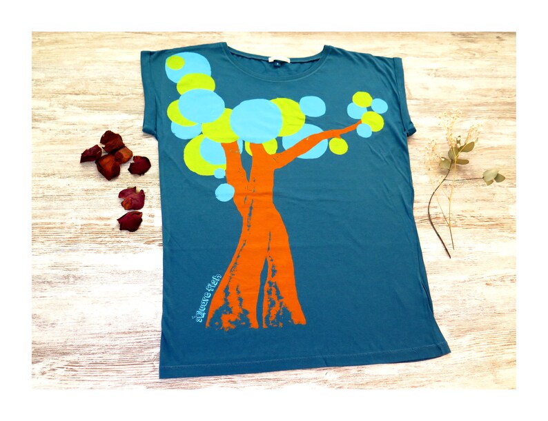 Scoop neck tshirt, tree shirt design, organic cotton top, ethical t shirt, blue tshirt, rolled sleeve, loose fit top, artsy clothing image 2