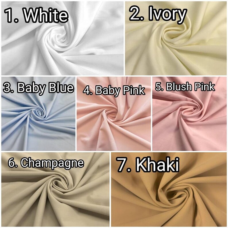 Puede incluir: Siete muestras de tela en diferentes colores: blanco, marfil, azul beb&eacute;, rosa beb&eacute;, rosa rubor, champ&aacute;n y caqui.