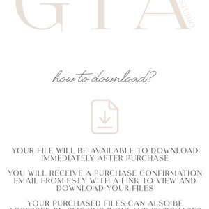 May include: A minimalist graphic with the word "GIA" in a light beige font. Below, the text "how to download?" is followed by instructions on how to access purchased files on Etsy.