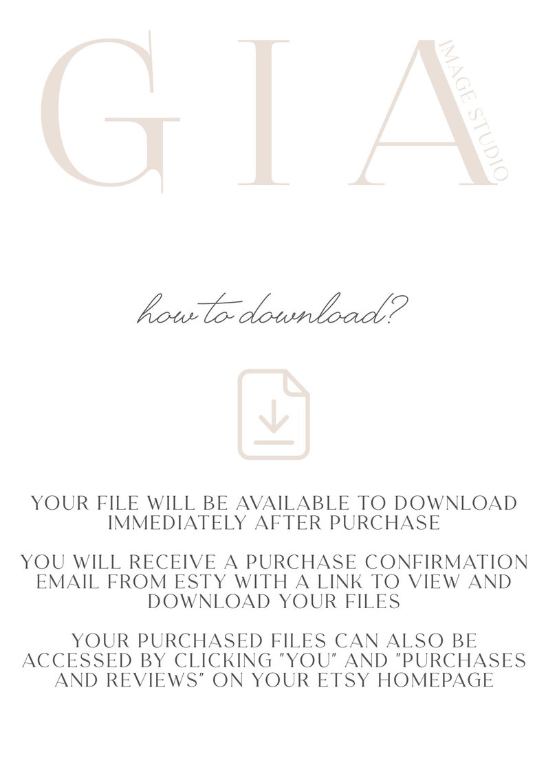 May include: A minimalist graphic with the word "GIA" in a light beige font. Below, the text "how to download?" is followed by instructions on how to access purchased files on Etsy.