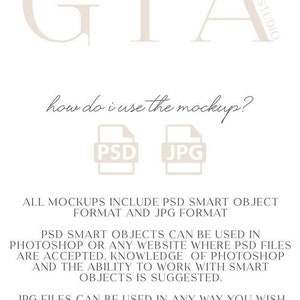 May include: A graphic with the text "GIA" in large, white letters. The text "how do i use the mockup?" is written in black cursive script. Two icons are shown, one labeled "PSD" and the other labeled "JPG". The text below the icons reads "ALL MOCKUPS INCLUDE PSD SMART OBJECT FORMAT AND JPG FORMAT. PSD SMART OBJECTS CAN BE USED IN PHOTOSHOP OR ANY WEBSITE WHERE PSD FILES ARE ACCEPTED. KNOWLEDGE OF PHOTOSHOP AND THE ABILITY TO WORK WITH SMART OBJECTS IS SUGGESTED. JPG FILES CAN BE USED IN ANY WAY YOU WISH TO EDIT YOUR DESIGN ONTO. MOCKUPS ARE NOT TO BE RESOLD OR REDISTRUBUTED. MOCKUPS ARE FOR PERSONAL AND BUSINESS USE ONLY TO DISPLAY YOUR PRODUCT."
