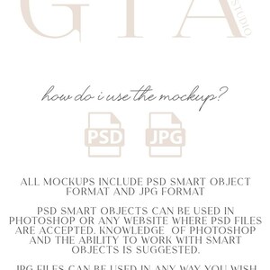 Peut inclure: Un fond blanc avec le texte "GIA" en grande police gras. Sous le texte se trouve la question "how do i use the mockup?" avec deux ic&ocirc;nes repr&eacute;sentant les formats de fichiers PSD et JPG. Le texte sous les ic&ocirc;nes explique que toutes les maquettes incluent le format d'objet intelligent PSD et le format JPG. Le texte continue d'expliquer comment utiliser les objets intelligents PSD et les fichiers JPG. Le texte se termine par une d&eacute;claration indiquant que les maquettes ne doivent pas &ecirc;tre revendues ou redistribu&eacute;es et sont uniquement destin&eacute;es &agrave; un usage personnel et commercial pour afficher votre produit.