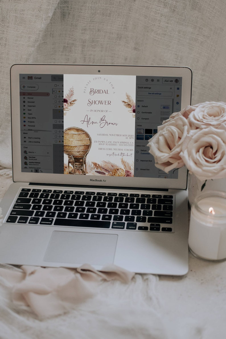 May include: A digital invitation for a bridal shower for Alina Brown. The invitation features a watercolor illustration of a wicker chair, pampas grass, and flowers in shades of pink, brown, and beige. The text "Please join us for a bridal shower" is written in a script font.
