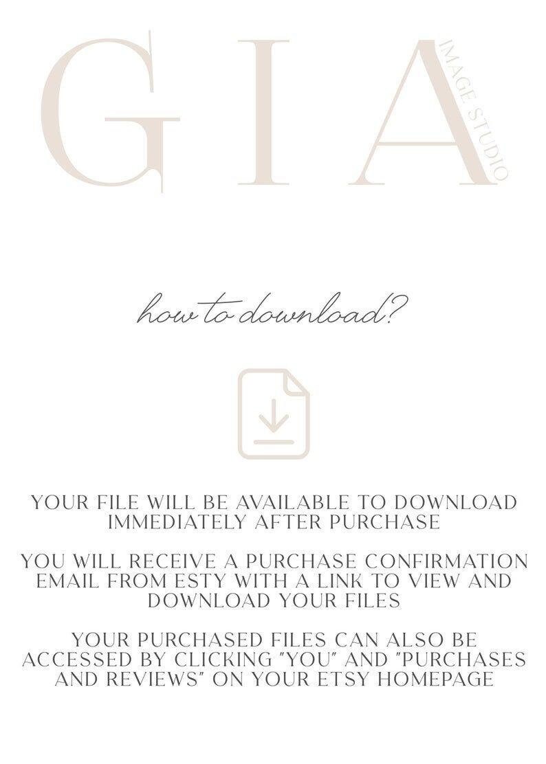 May include: A white text graphic on a white background with the text "GIA" in a large font, followed by the text "how to download?" in a smaller font. An arrow pointing down is below the text. The text below the arrow explains how to download digital files purchased on Etsy.