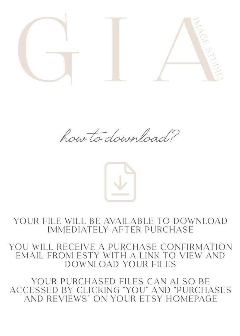May include: A white background with the text "GIA" in a large, bold font. Below the text is a smaller font that says "how to download?" with a download icon. The text below the icon explains how to download digital files purchased on Etsy.