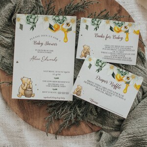 Peut inclure: Une invitation de f&ecirc;te pr&eacute;natale sur le th&egrave;me de Winnie l'ourson avec un motif floral. L'invitation comprend les d&eacute;tails d'une f&ecirc;te pr&eacute;natale en l'honneur d'Alice Edwards. L'invitation comprend &eacute;galement une carte pour que les invit&eacute;s &eacute;crivent un message pour le b&eacute;b&eacute; et une carte pour une tombola de couches.