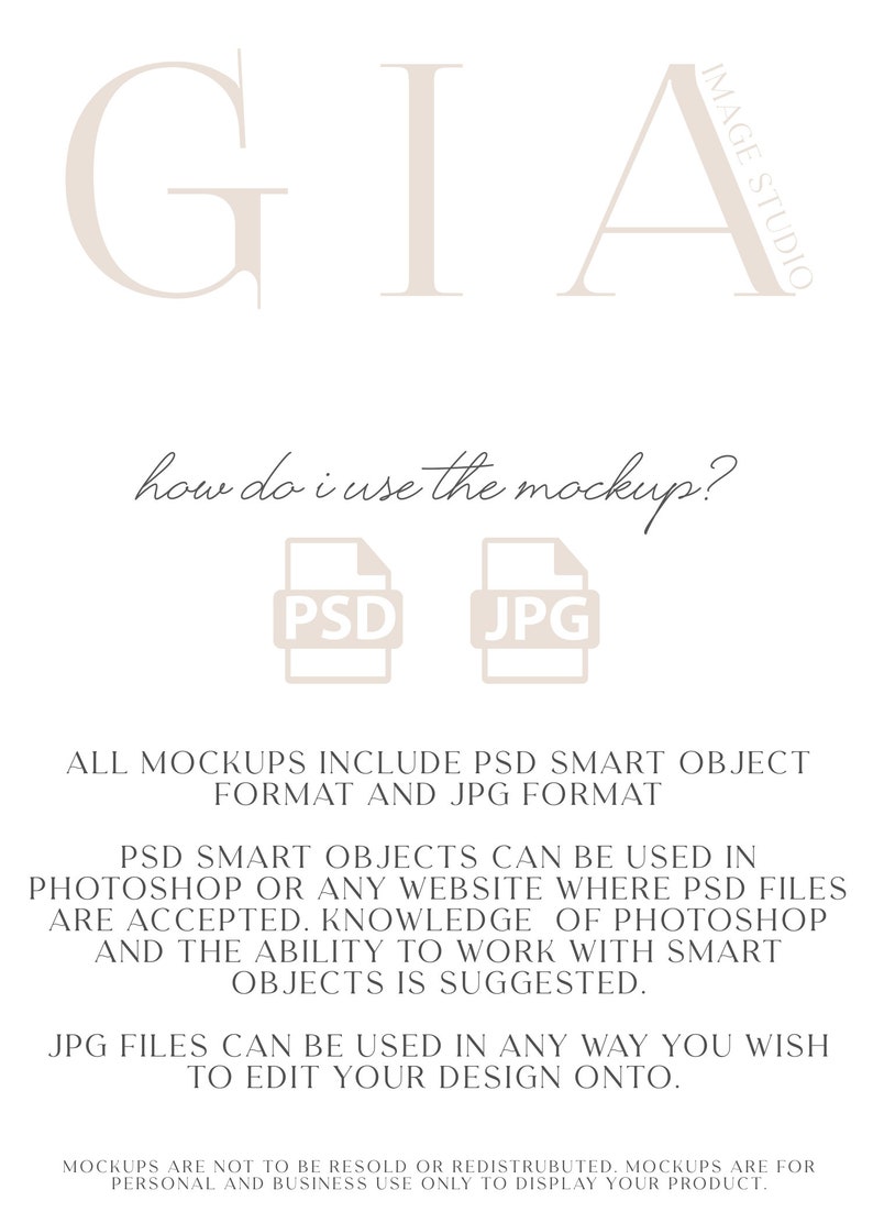 May include: A mockup image featuring the word "GIA" in a light beige hue. The text "how do i use the mockup?" is written in a cursive style. The image includes PSD and JPG file icons, and instructions on using the mockups.
