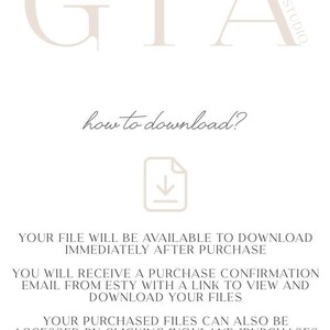 May include: A white text graphic on a white background with the text "GIA" in a large font, followed by the text "how to download?" in a smaller font. An arrow pointing down is below the text. The text below the arrow explains how to download digital files purchased on Etsy.