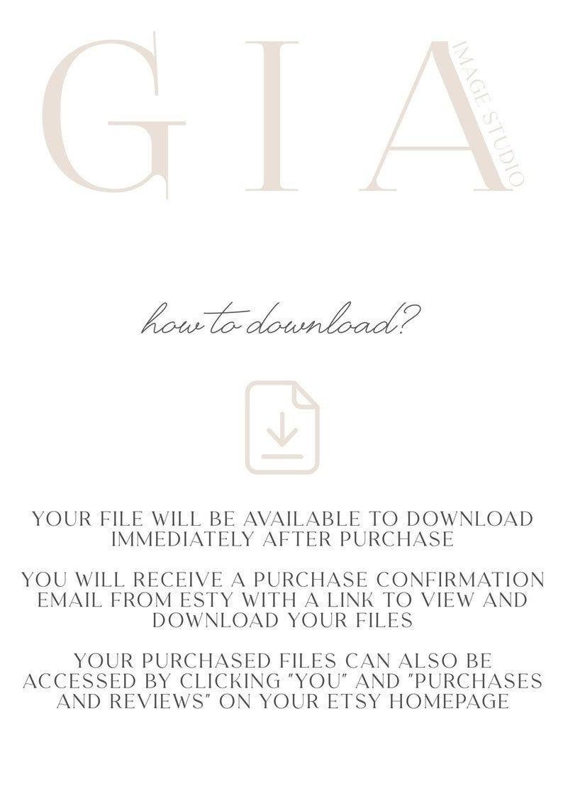 May include: A white text graphic on a white background with the text "GIA" in a large font, followed by the text "how to download?" in a smaller font. An arrow pointing down is below the text. The text below the arrow explains how to download digital files purchased on Etsy.