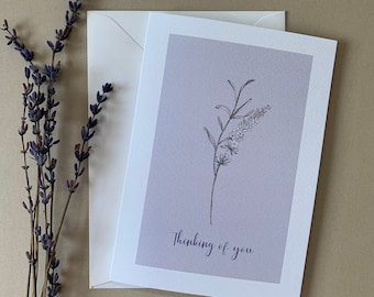 Thinking of you greetings card sympathy best wishes size 5x7 lavender design option to personalise and send direct