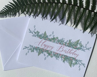 Happy birthday woodland fern design tent fold greetings card, foliage birthday, outdoors birthday, floral birthday and giftwrap