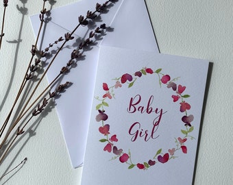Baby Girl greetings card, New arrival, Baby daughter, Congratulations sweet pea watercolour design card. Option to send direct
