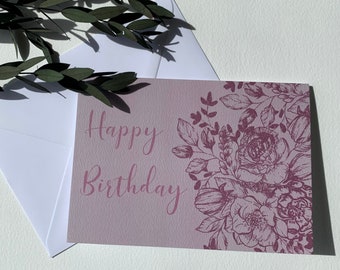 Rose Happy Birthday greetings card tent fold pretty feminine floral card. Option to send direct to recipient. Birthday card for her