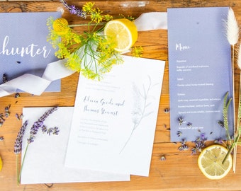 Lavender wedding invitation, lemon wedding, lavender wedding sign, lavender menu card, purple wedding invitations, purple wedding signs