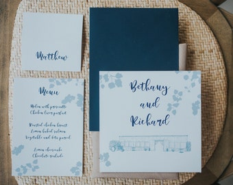 Blue wedding invites, countryside wedding card, rustic wedding invitation, natural wedding invite, blue wedding menu, navy wedding invites