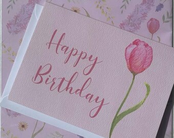 Happy Birthday Tulip Greetings Card A6 size - option to send direct. Spring birthday, floral birthday, birthday card for her, pink birthday