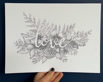 Love floral fineliner wall art, foliage, modern, illustration, artwork, drawing