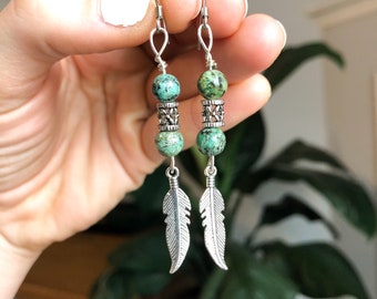 Bohemian feather dangle turquoise earrings