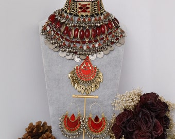 Afghan full jewellery set, Afghani Jewelry set Afghan Choker Necklace, headpiece mathapatti earrings Kuchi Jewelry, afghan jewelry full