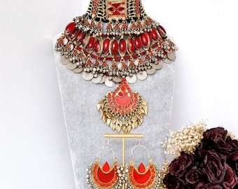 Afghan full jewellery set, Afghani Jewelry set Afghan Choker Necklace, headpiece mathapatti earrings Kuchi Jewelry, afghan jewelry full