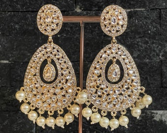 Kundan Chaandbali Earrings - Gold Indian Pakistani Jewelry with Pearls