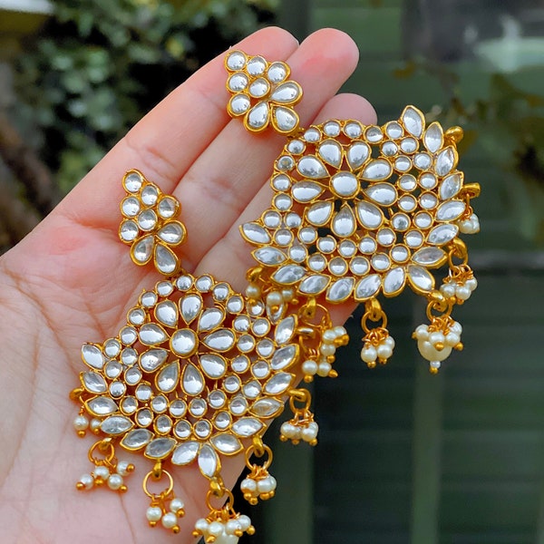 Indian Gold Earrings - Pakistani Gold Earrings - Asian Earrings - Gold Pearl kundan earrings - Gold Jhumka earrings