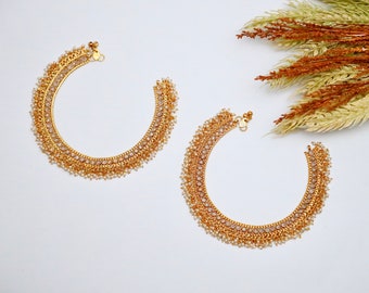 Gold Indian Jewellery polka pearl Anklets , Gold Pearl Anklets - Pakistani Jewellery Mirror Anklets bridal - Gift For Her