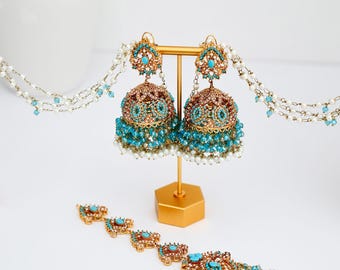 Gold Plated Jhumka Earrings with Tikka – Pakistani Indian Jewelry Set