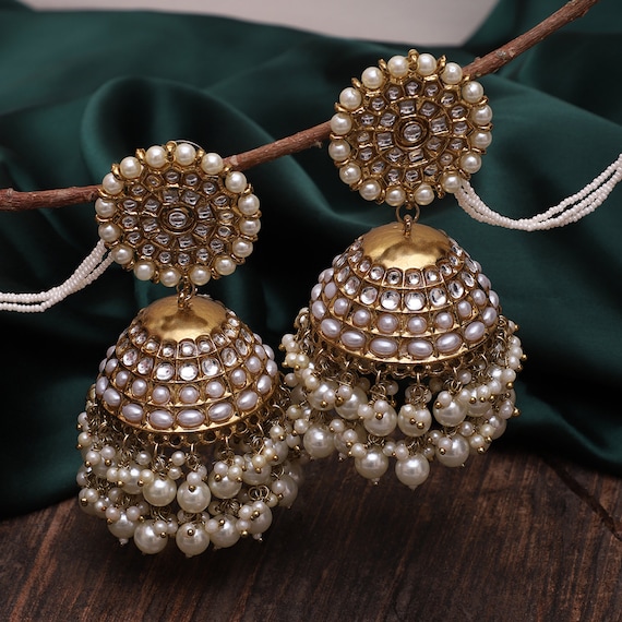 Gold Plated Jhumka jhumki Earrings with Red and Green bead drops, Kund –  Indian Designs