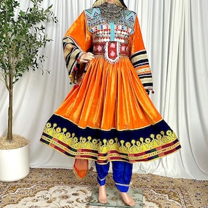 Handmade Afghan Dress with Dupatta & Shalwar –  Orange and Blue Traditional Kuchi Dress, Adjustable Waist, Embroidered