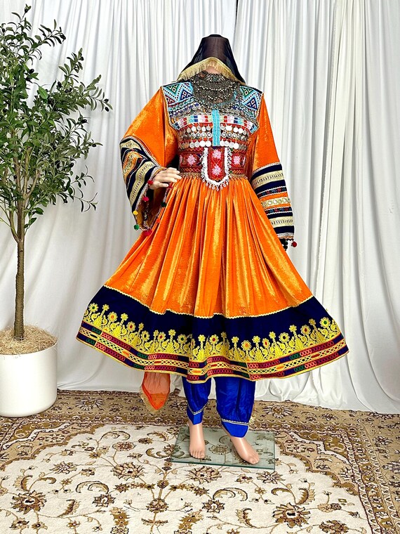 Handmade Embroidered Afghan Kuchi Dress – Orange Velvet, Blue