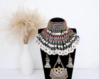 Conjunto de colar choker afegão Kuchi | Joias vintage, brincos, acessório de cabelo