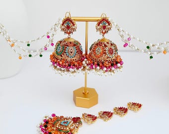 Gold Plated Jhumka Earrings with Tikka – Indian Pakistani Jewelry Set
