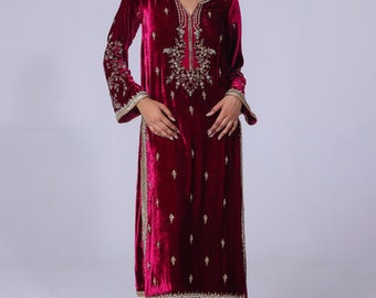 Indian Designer Maroon Velvet Heavy Work Kurta with Silk Palazzo for Her, Winter Wedding Kurta Palazzo Set For Women, Valentine's Day Gift