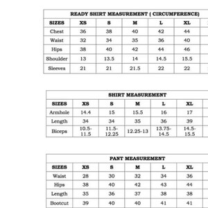 May include: Detailed size chart for shirts and pants, including measurements for chest, waist, hips, shoulder, sleeves, armhole, length, and biceps. Sizes range from XS to XXL, with measurements in inches.